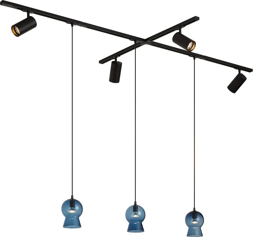 Modern Black Track System with 4 Spotlights and 3 Blue Pendant Lights 1-Phase - Iconic Bell Jeana Luxe