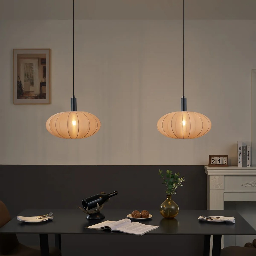 Candeeiro suspenso Japandi preto com abajur de tecido castanho 2 luzes - Bida