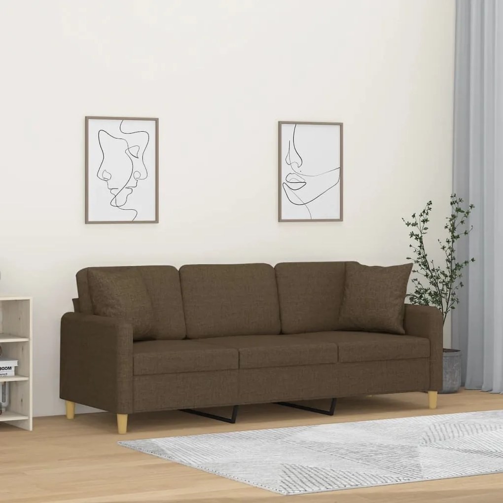 vidaXL Sofá 3 lugares c/ almofadas e almofadões 180 cm tecido castanho