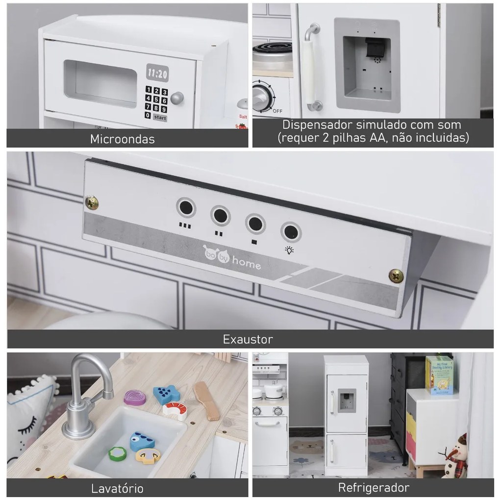 Cozinha de Brinquedo de Madeira para Crianças acima de 3 Anos Cozinha Infantil com Frigorífico Microondas Lavatório e 14 Acessórios 86x64x84,5cm Branc