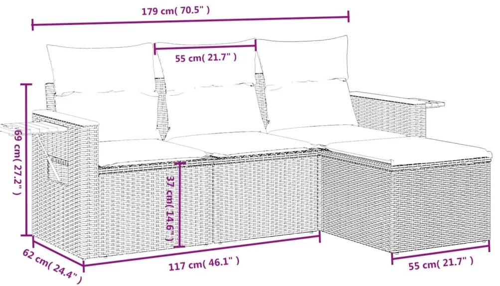 4 pcs conjunto de sofás para jardim c/ almofadões vime PE bege