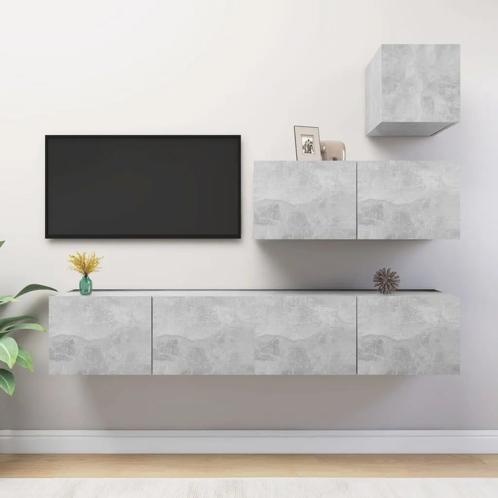 4 pcs conjunto móveis de TV derivados madeira cinzento cimento
