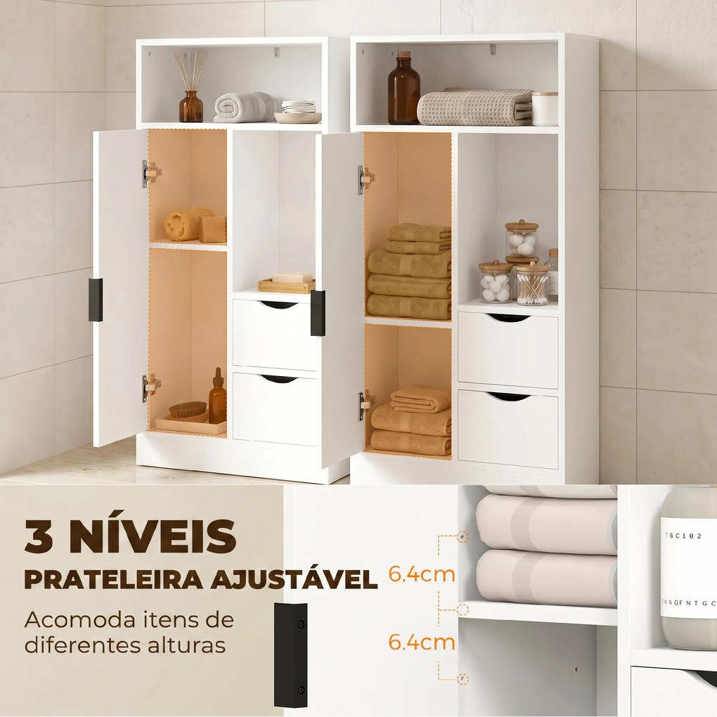 Armário para Casa de Banho com 2 Gavetas, Compartimentos Abertos e Prateleiras Ajustáveis para Espaços Pequenos 50x25x100 cm Branco