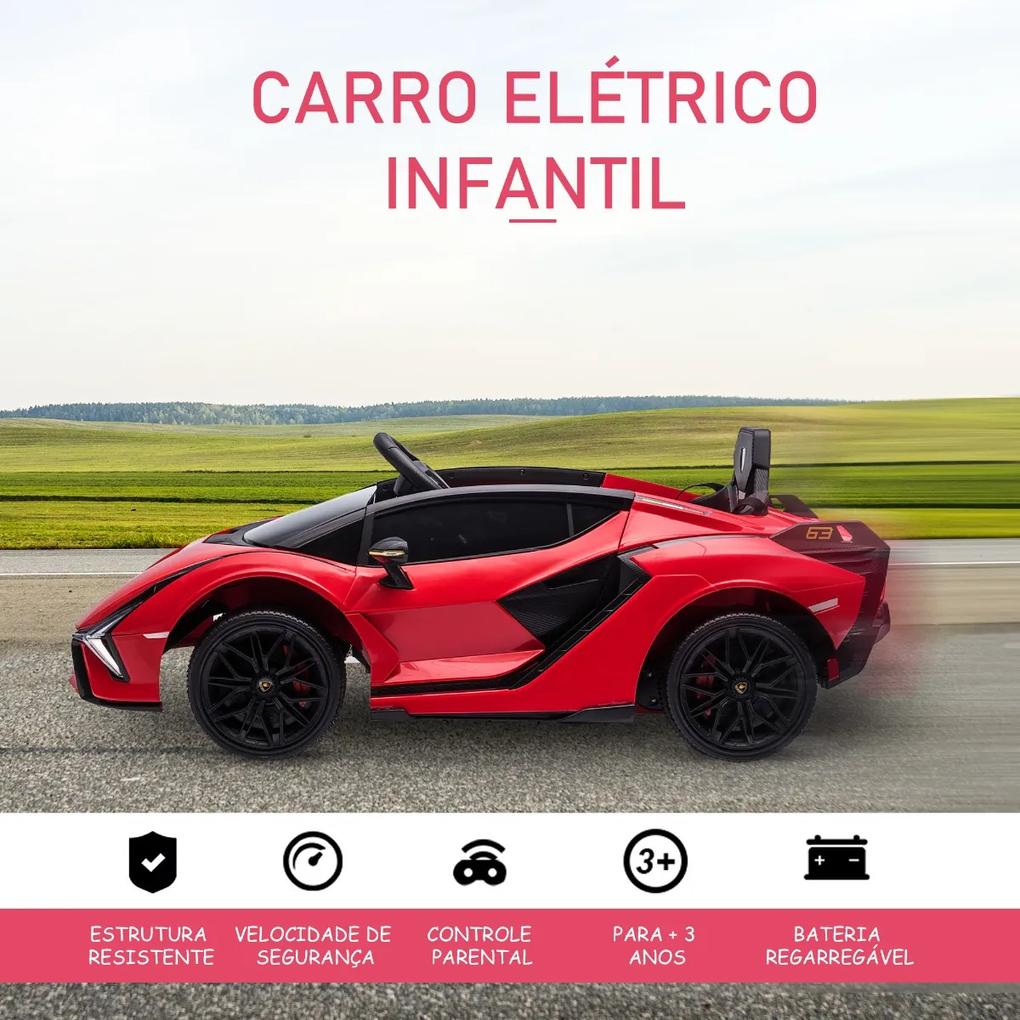 Carro Elétrico Lamborghini SIAN 12V para Crianças acima de 3 Anos com Controle Remoto Abertura da Porta Música MP3 USB e Faróis 108x62x40cm Vermelho