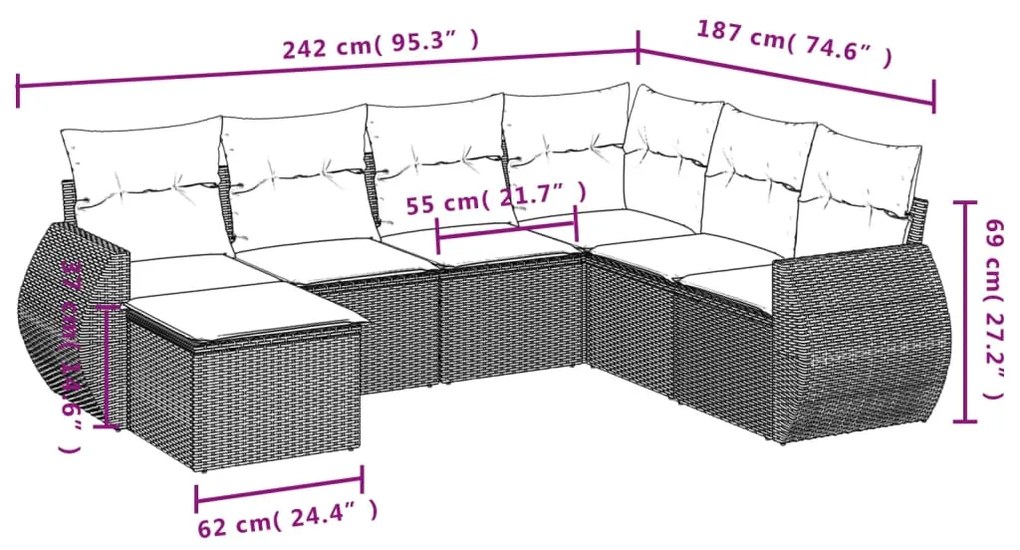 7 pcs conj. sofás jardim com almofadões vime PE cinzento-claro