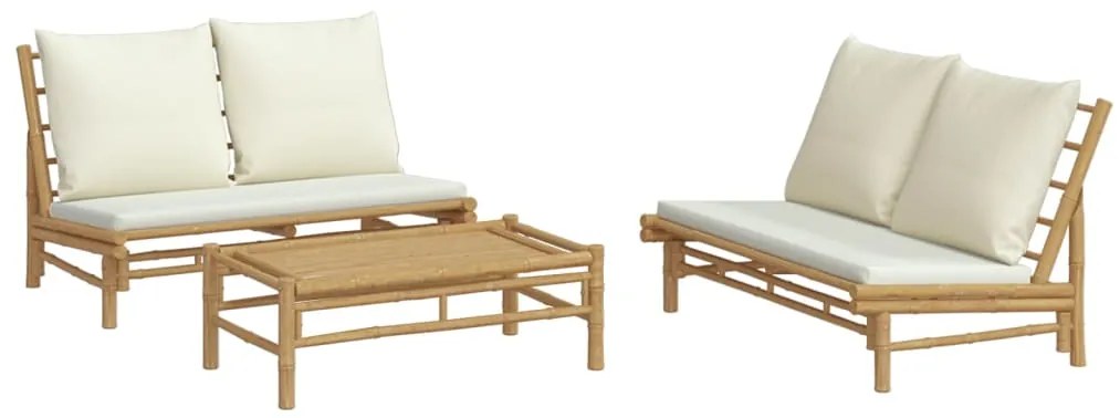 3 pcs conjunto lounge de jardim bambu c/ almofadões branco nata