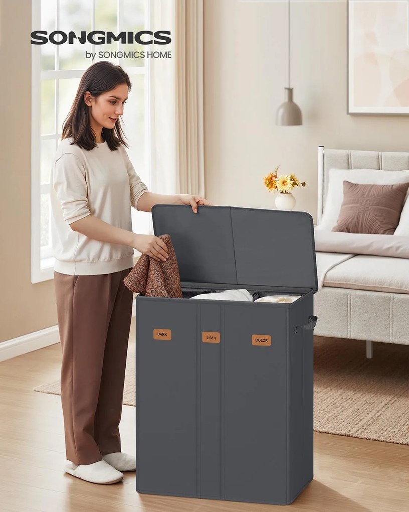 Cesto da roupa suja 160L, 64 x 33 x 75 cm com três compartimentos, tampa e saco interior lavável cinzento escuro