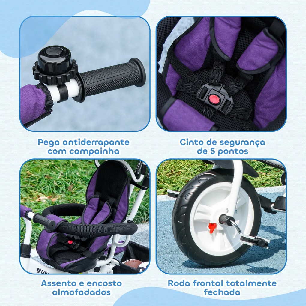 Triciclo Evolutivo para Bebés de +12 Meses 2 em 1 com Toldo Dobrável Guiador Cinto de Segurança e Cesto 95x50x106 cm Roxo