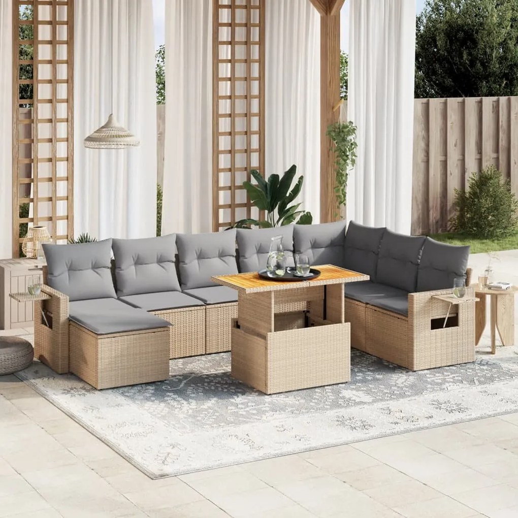 9 pcs conjunto de sofás p/ jardim com almofadões vime PE bege