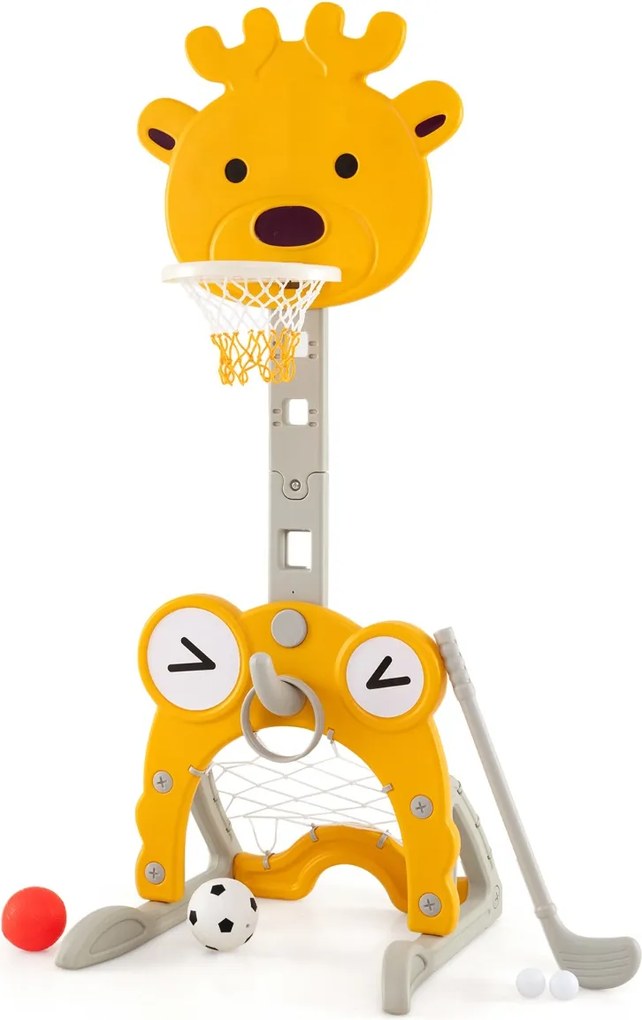 Cesto de basquetebol Veado 4 em 1 com baliza de futebol, argolas e golfe, altura ajustável, base reenchível para interior e exterior Amarelo