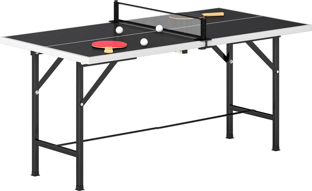Mini Mesa de Ping Pong Dobrável 152x76 cm para Exterior com Rede 2 Raquetes e 3 Bolas Fácil de Transportar Preto