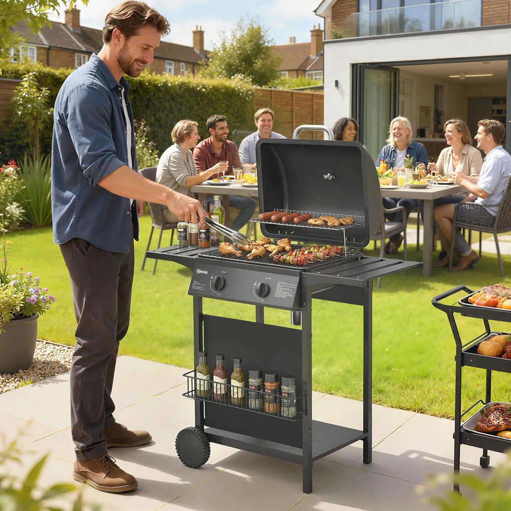 Grelhador a Gás BBQ com 2 Queimadores de 5 kW Termómetro Mesas Laterais Prateleira Grelha de Aquecimento 2 Rodas Preto