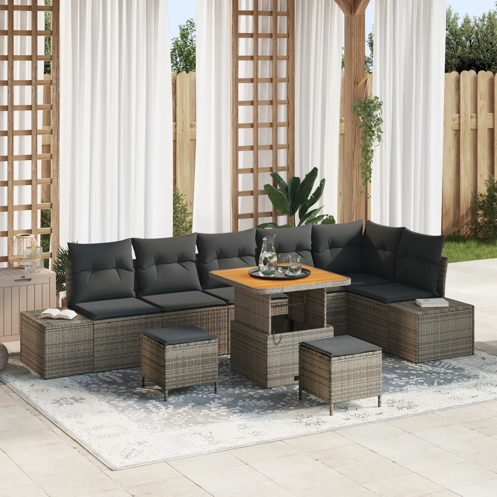 Conjunto de Sofá de Jardim vidaXL 9 Peças com Almofadas Poliratan Cinza Acácia