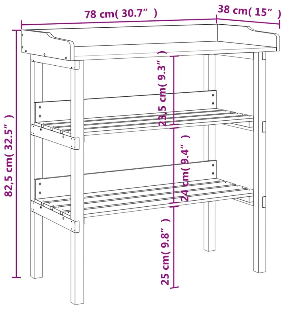 Mesa apoio p/ plantas c/ prateleiras 78x38x82,5 cm abeto maciço