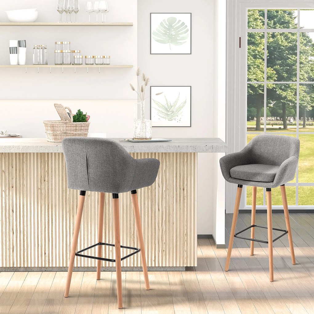 Bancos de bar de design escandinavo (MESA NÃO INCLUIDA)- Conjunto de 2 bancos de bar de grande conforto com apoio para os pés e braços - Madeira maciç