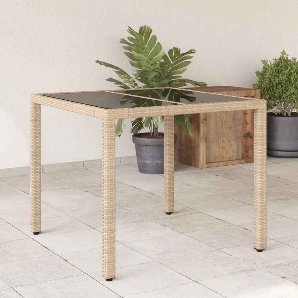 vidaXL Mesa de jardim com tampo de vidro 90x90x75 cm vime PE bege