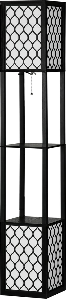 HOMCOM Luminária de Chão Candeeiro Pé Madeira Estantes Lâmpada E27 Máx 40W Interruptor Design Moderno 26x26x156cm Preto Branco | Aosom Portugal