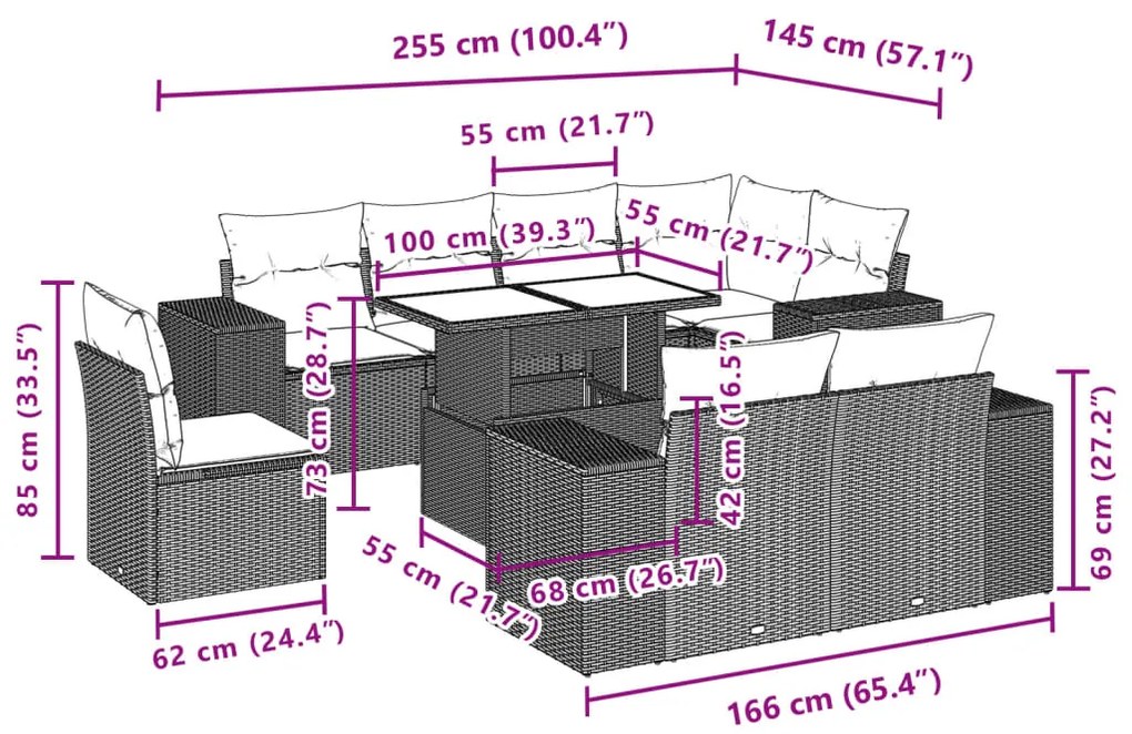 9 pcs conjunto sofás p/ jardim c/ almofadões vime PE castanho