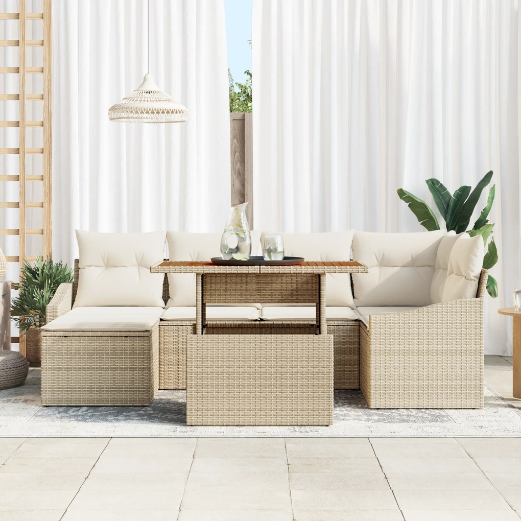Conjunto de Sofás de Jardim de 7 Peças com Almofadas Bege de Poli Ratt
