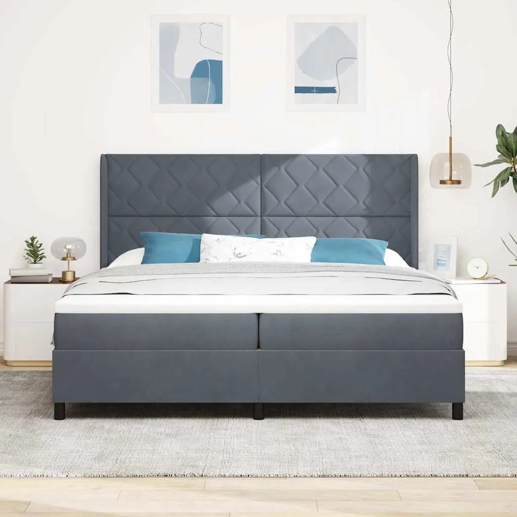 Cama Box Spring com Colchão &amp; LED Cinza Escuro 200x200 cm Veludo