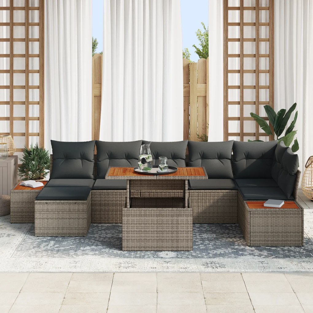 Conjunto de Jantar Jardim 8 Peças com Almofadas Cinza em Rattan Poliés