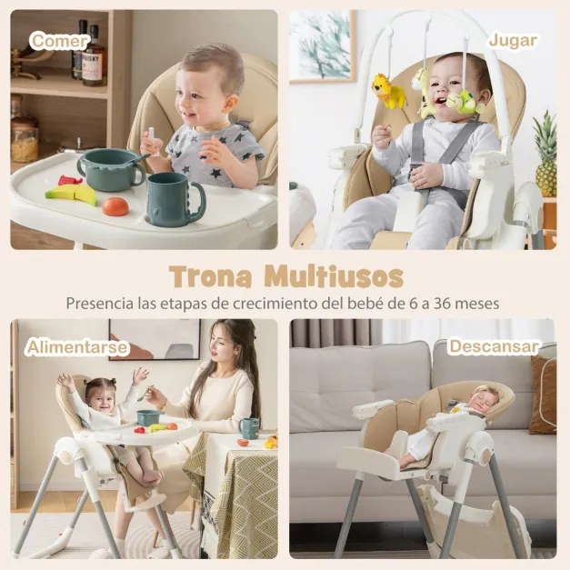 Cadeira refeição alta dobrável 4 em 1 para bebé com apoio para os pés retrátil de 7 alturas, rodas com travão, almofada removível 78 x 52,5 x 104,5 cm