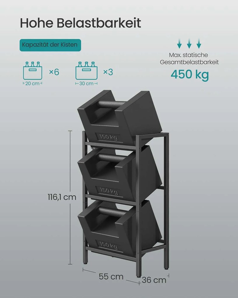Estante para caixas de bebidas 36 x 55 x 116,1 cm com 3 níveis para 3 caixas Preto