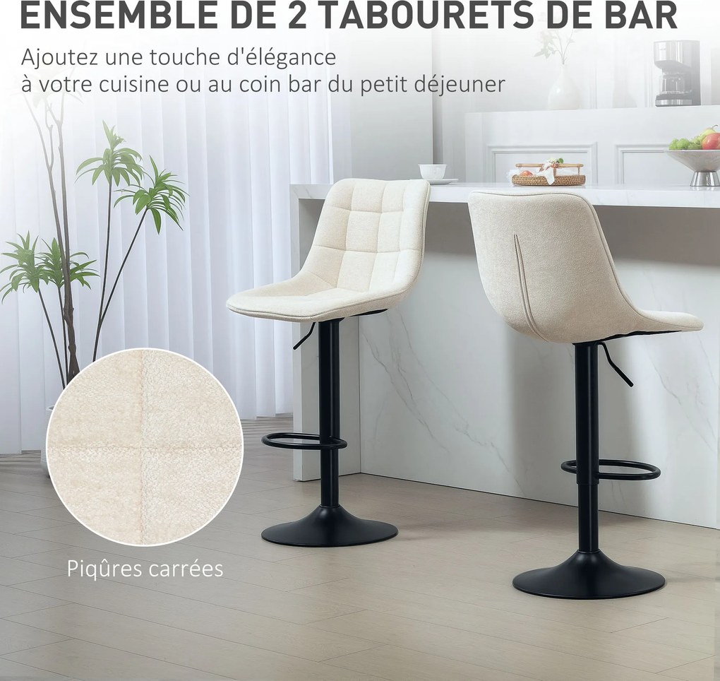 Conjunto de 2 bancos de bar, cadeiras de bar em chenille, com altura ajustável e encosto giratório a 360°, 47 x 48 x 117,5 cm, bege