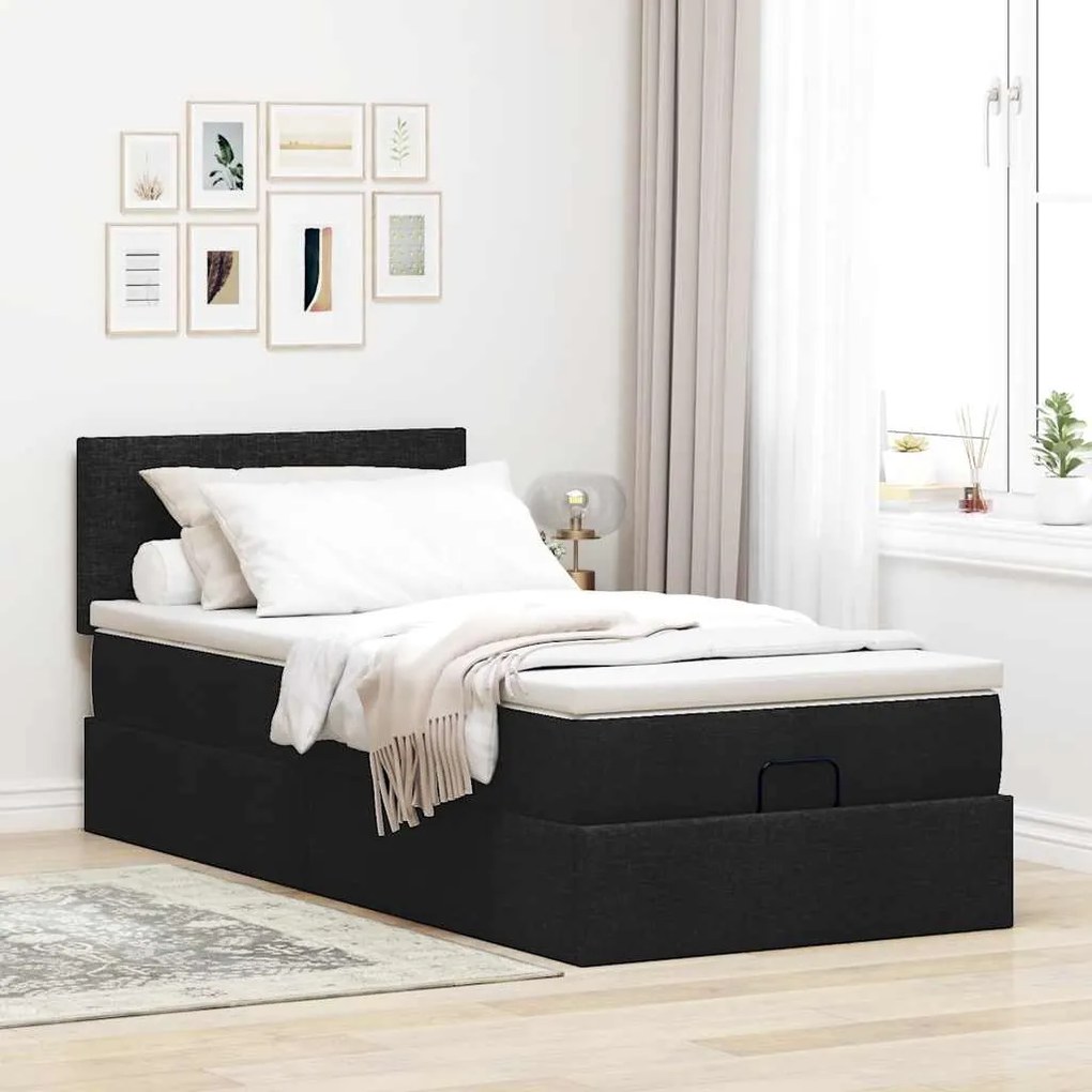 Cama otomana com colchão 90x200 cm tecido preto