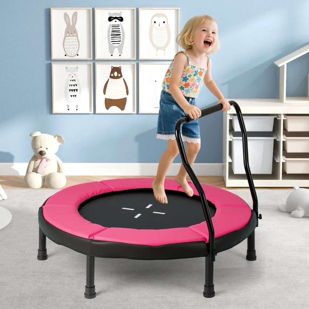 Trampolim infantil 102 cm ou de fitness para interior/exterior com barra em espuma e colchão de segurança para crianças Rosa