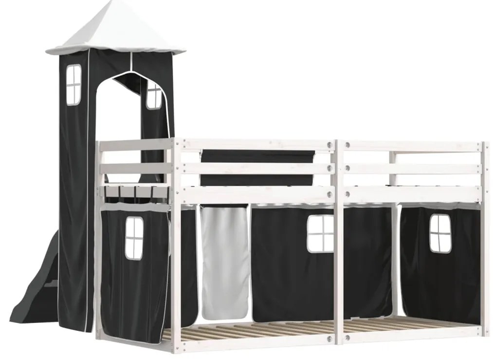 Beliche com escorrega e cortinas 80x200 cm branco e preto