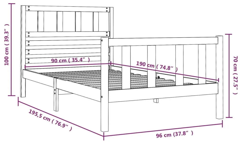 Estrutura de cama solteiro 90x190 cm madeira maciça preto