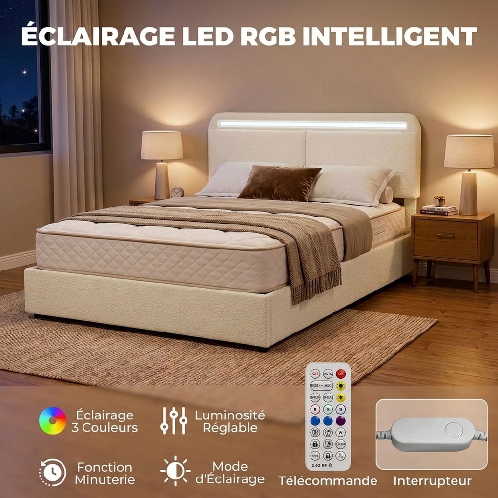Cama de Casal com Arrumação, 199 x 154 x 108 cm (COLCHÃO NÃO INCLUIDO), Iluminação LED RGB, Creme