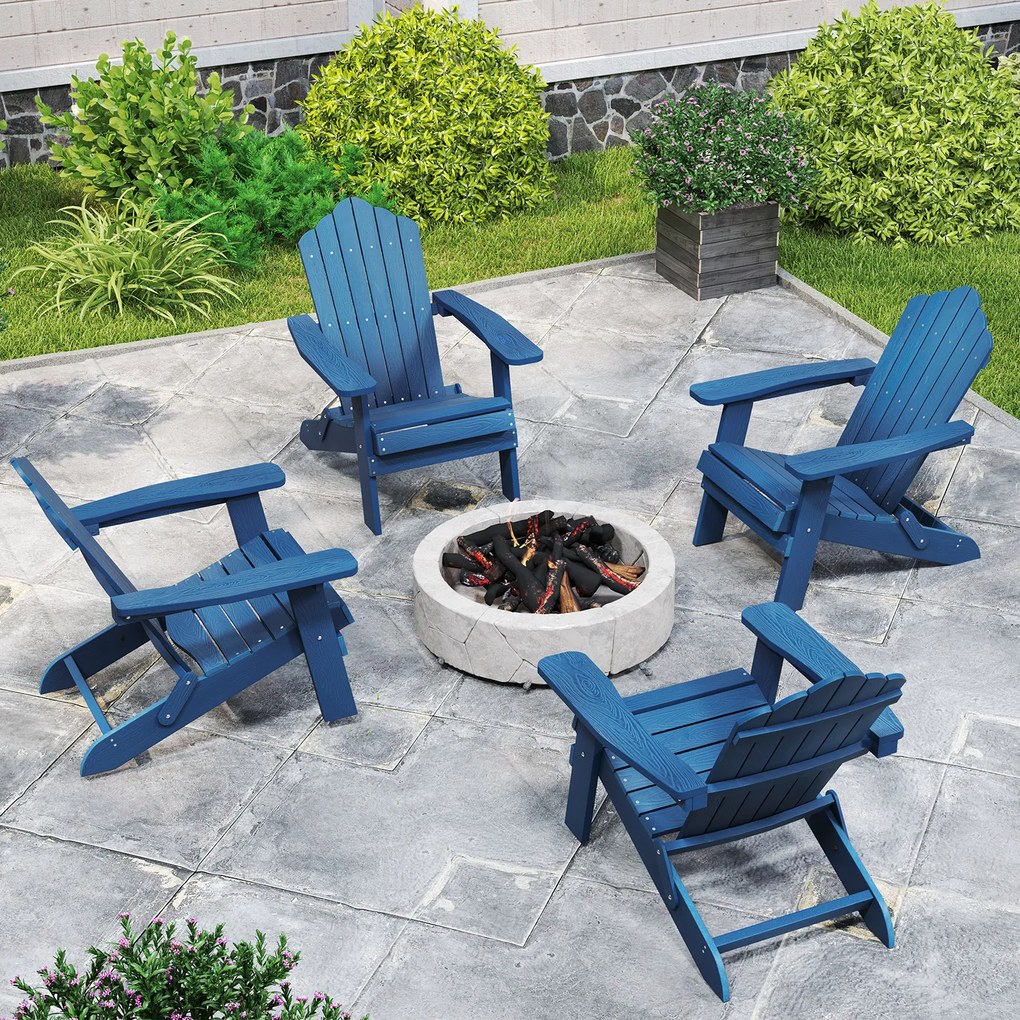 Conjunto de 2 cadeiras Adirondack dobráveis com braços largos, encosto inclinado, assento em ripas e capacidade para 180 kg, para terraço ou pátio, az