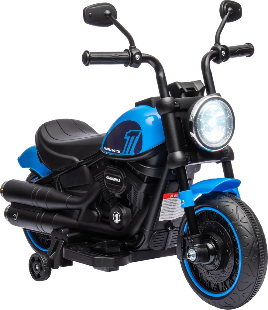 Motocicleta Elétrica para Crianças de 18-36 Meses com Bateria 6V Farol e Rodas Auxiliares Removíveis 76x42x57 cm Azul