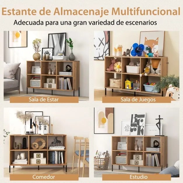 Estante de madeira de 2 níveis com 6 cubos e pernas metálicas ajustáveis em 5 posições 120 x 35 x 79,5 cm Natural