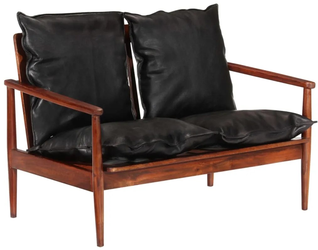 Sofá de 2 lugares couro genuíno e acácia maciça preto