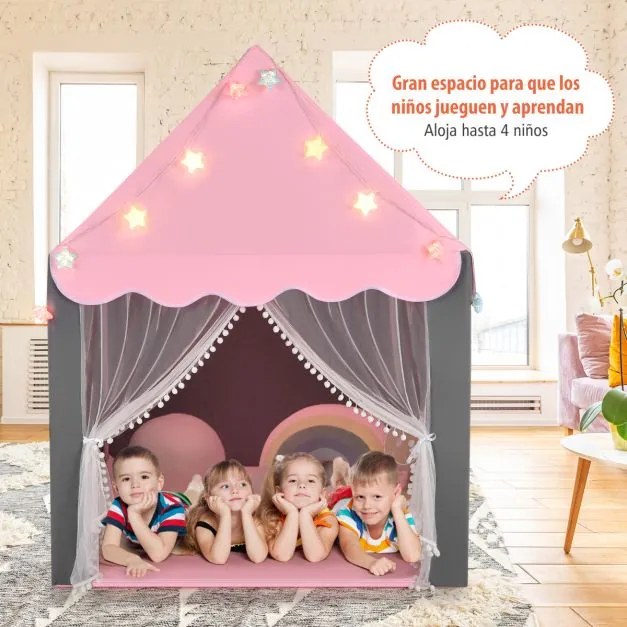 Tenda para crianças com tapete lavável Castelo de fadas com luzes Janelas 105 x 121 x 136 cm Rosa