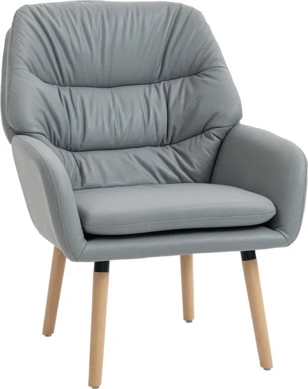 Poltrona de Sala de Estar Moderna Acolchoada de Dupla Camada Estofada em Couro Sintético Pés de Madeira 68x74x89 cm Cinza