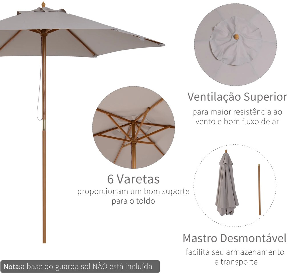 Chapéu de Sol de Madeira Ø250x230 cm para Exterior com 6 Hastes Sistema de Corda com Fixação Desmontável Portátil Cinza