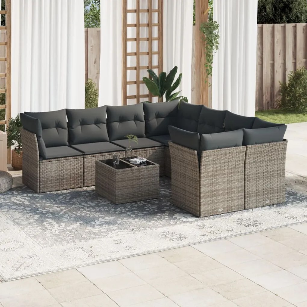 9 pcs conjunto sofás p/ jardim com almofadões vime PE cinzento