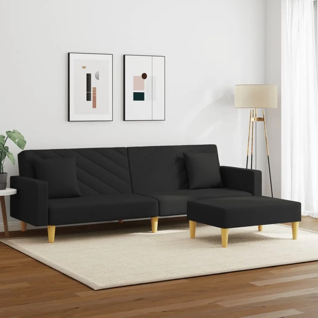 Sofá-cama 2 lugares c/ almofadas e apoio de pés tecido preto