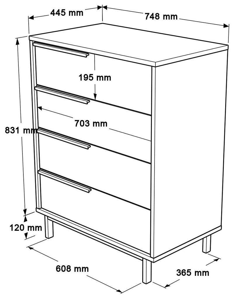 Cómoda Oceans com 4 Gavetas e Pernas Metálicas – 74,8x44,5x95,1 cm – B