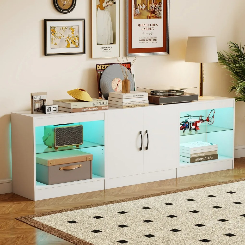 Móvel para TV até 85" com 195 x 30 x 55 cm de 3 em 1 com luzes LED e prateleiras de vidro ajustáveis branco