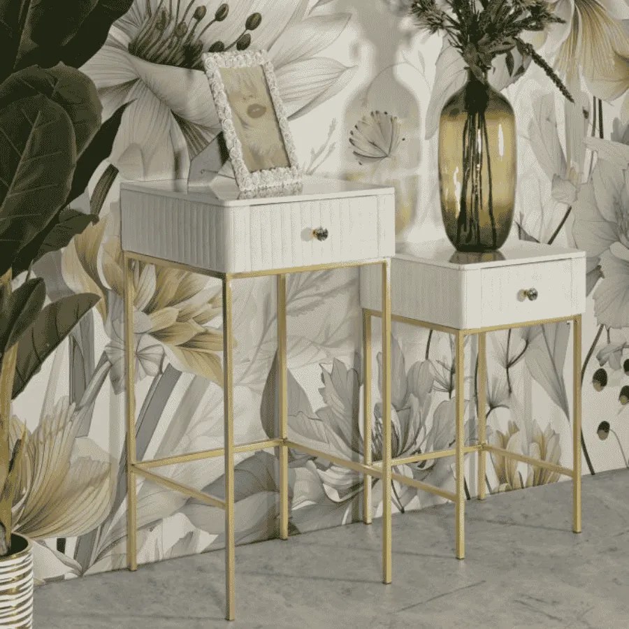 CONJUNTO DE MESAS ALTAS 2 PEÇAS Ø45X90-40X70 CM CREME E DOURADO
