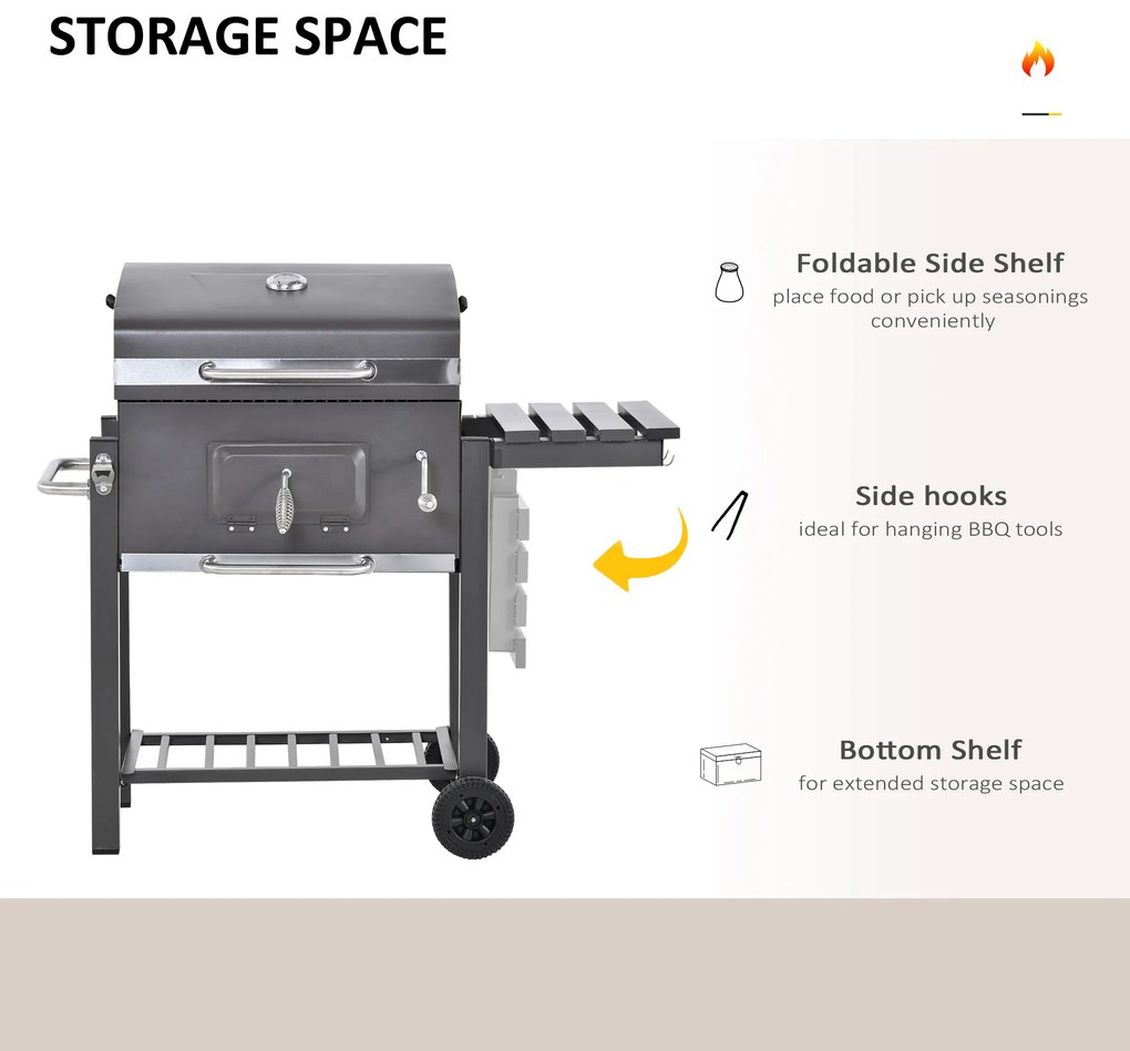 Outsunny Barbecue a Carvão com Rodas Prateleira Lateral e Termômetro Barbecue a Carvão para Jardim Campismo Exterior 115x56x108cm Cinza
