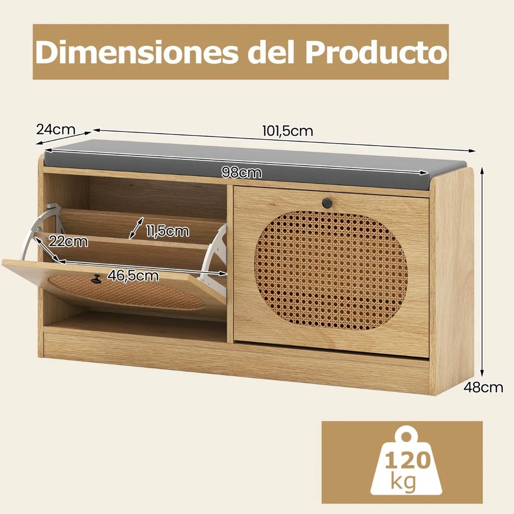 Banco Sapateira 101,5 x 24 x 48 cm de Rattan com 2 Gavetas Rebatíveis e Prateleiras Ajustáveis Almofada de Assento Acolchoada para Corredor Natural