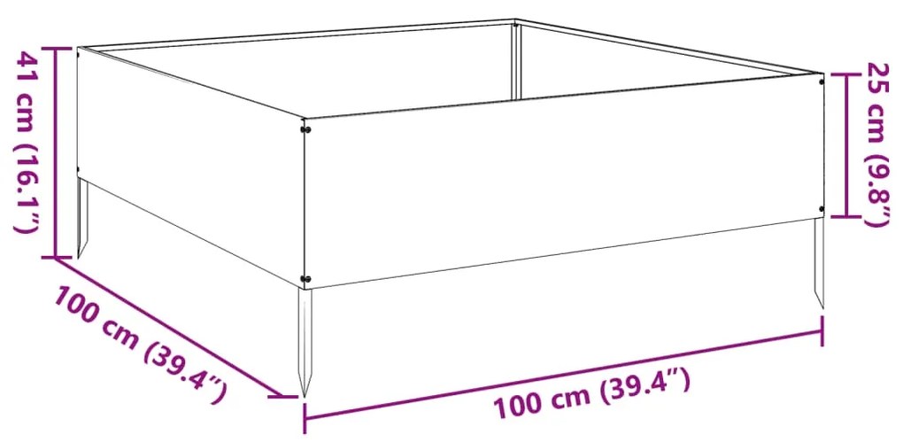 Canteiro elevado de jardim 100x100x25 cm aço inoxidável