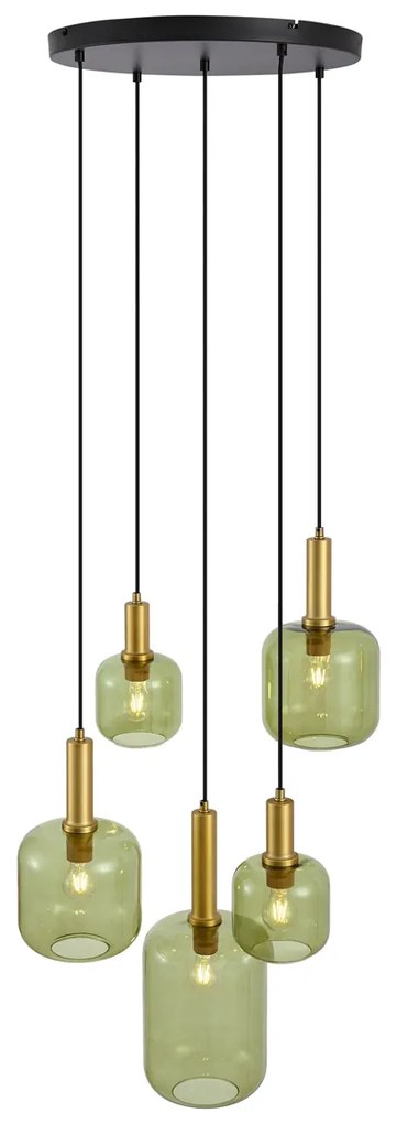 Candeeiro suspenso Hotel Chic preto e dourado com vidro verde 5 luzes - Zuzanna Chique de hotel
