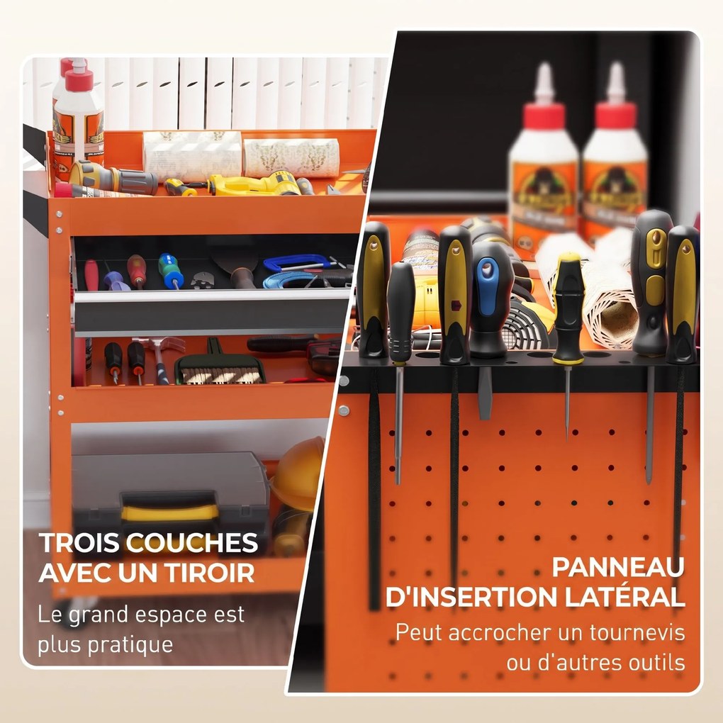 Carrinho de Ferramentas para Oficina, 82 x 35 x 76 cm, 3 Níveis, Laranja